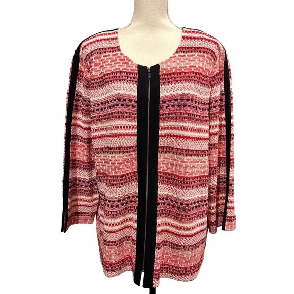 Misook 1X Sweater Blazer Zip Up Mixeid Pattern Striped Red White Artsy Office - Picture 1 of 9